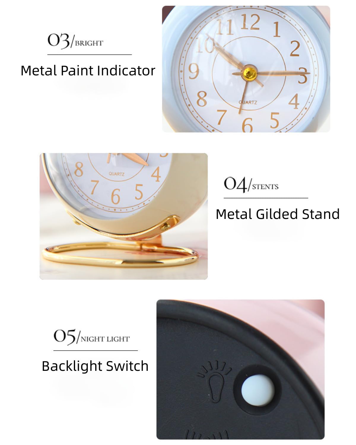 COSCTOR 3 Inches Analog Alarm Clocks Retro Backlight Cute Simple Design with Night Light Silent Non-Ticking Battery Operated [Purple]
