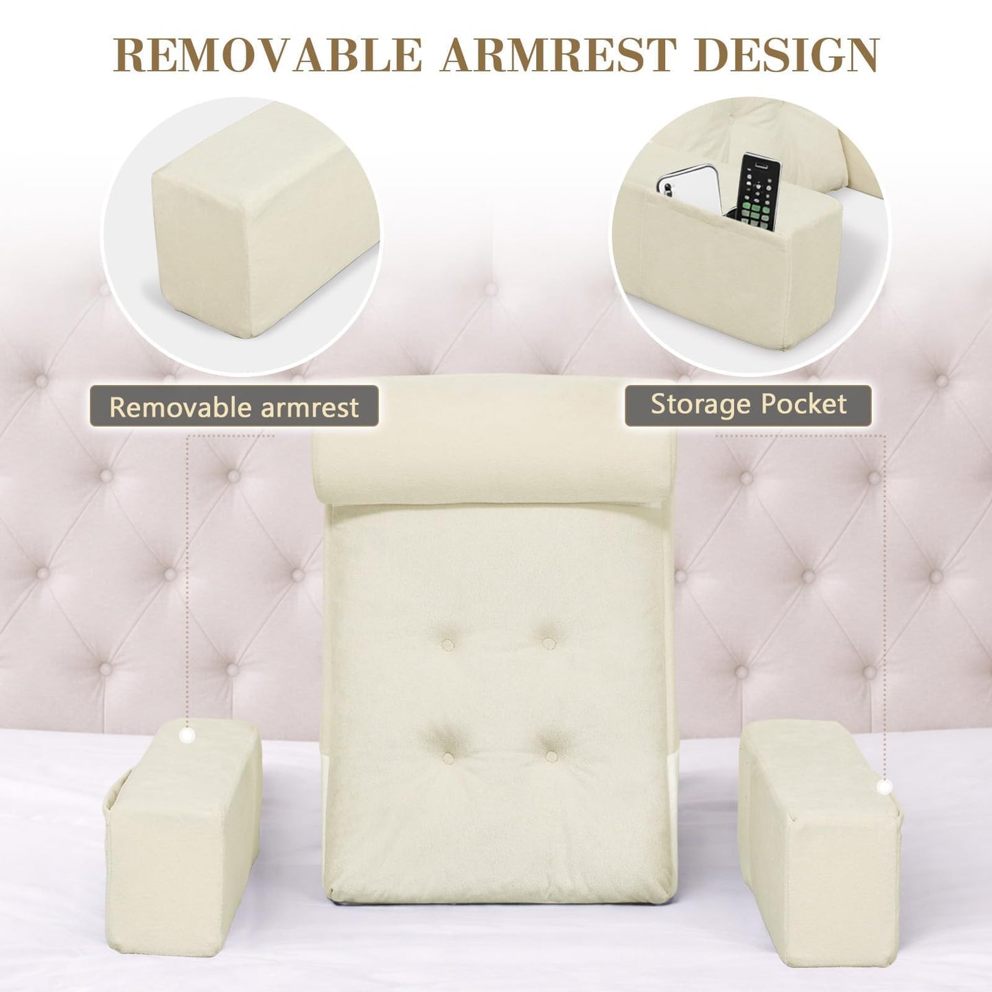 TANYOO Reading Pillow for Sitting Up in Bed Backrest Pillow with Armrests, Headrest and Side Pockets Dual Layer Back Support for Bed and Sofa Ideal for Adults Reading,Watching TV, Gaming, Recovery