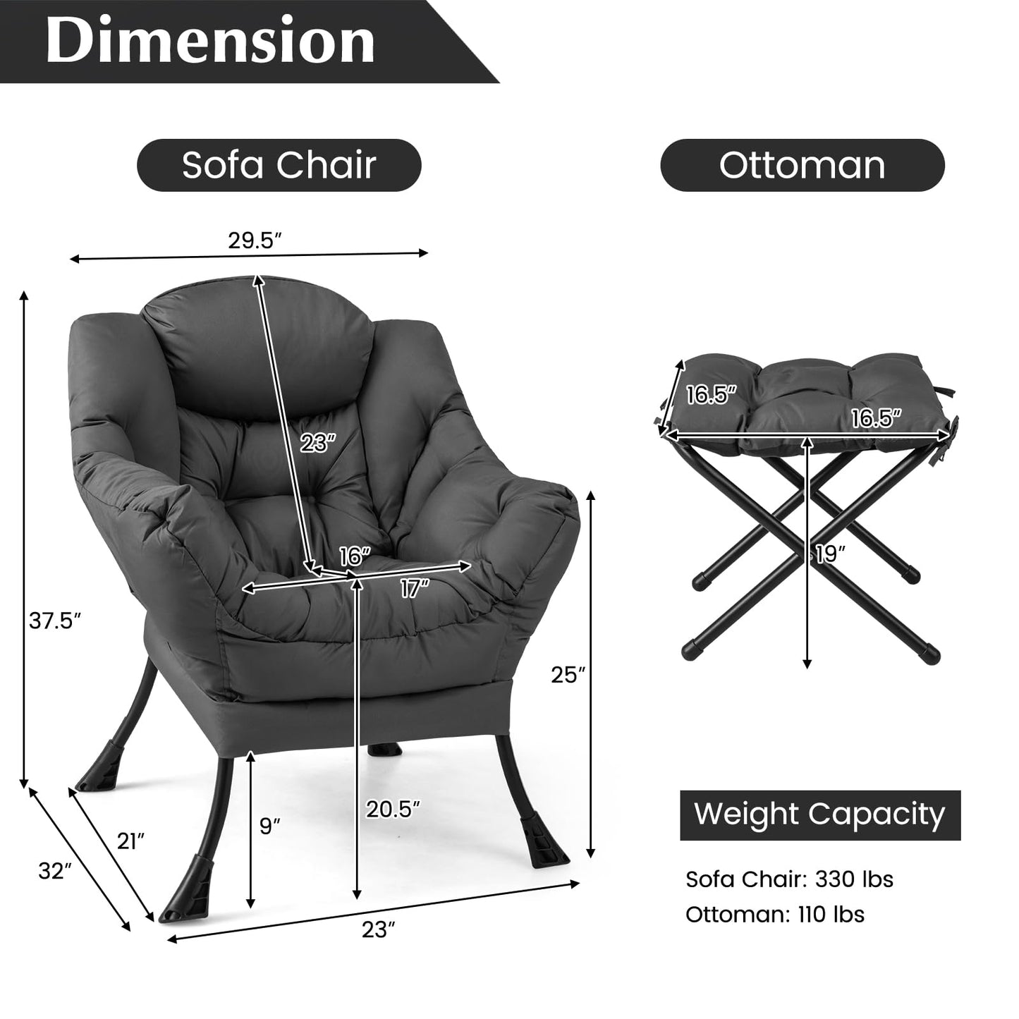 GOFLAME Lazy Chair with Ottoman, Modern Large Accent Chair with Folding Footrest, Head Pillow, Armrests and Side Storage Pocket, Upholstered Reading Chair for Living Room, Bedroom, Office, Grey