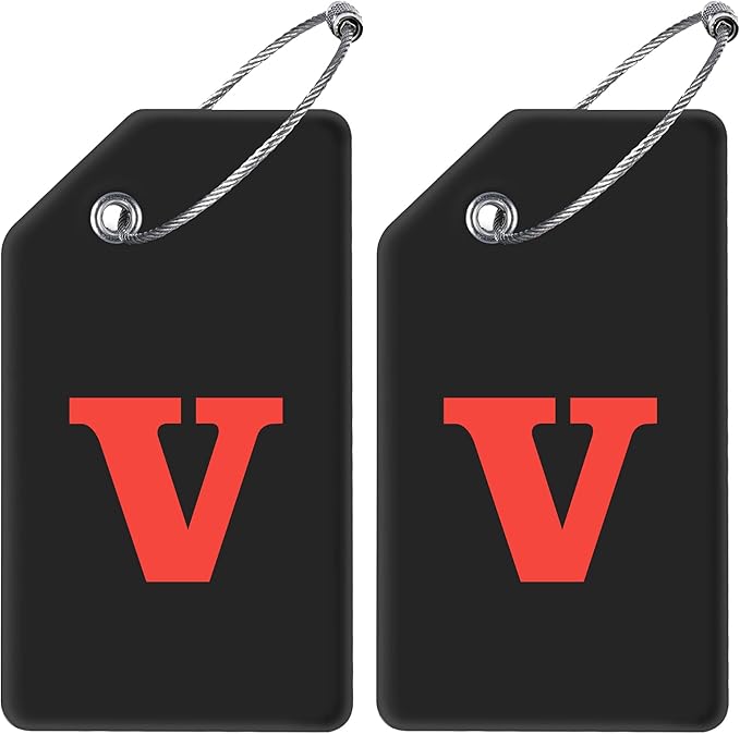 Gostwo 2 Pack Silicone Luggage Tags for Suitcases, 26 Initial Letter Baggage Labels Handbag School Bag Suitcase Instrument Tag with Stainless Steel Loop(Black)(Letter V)