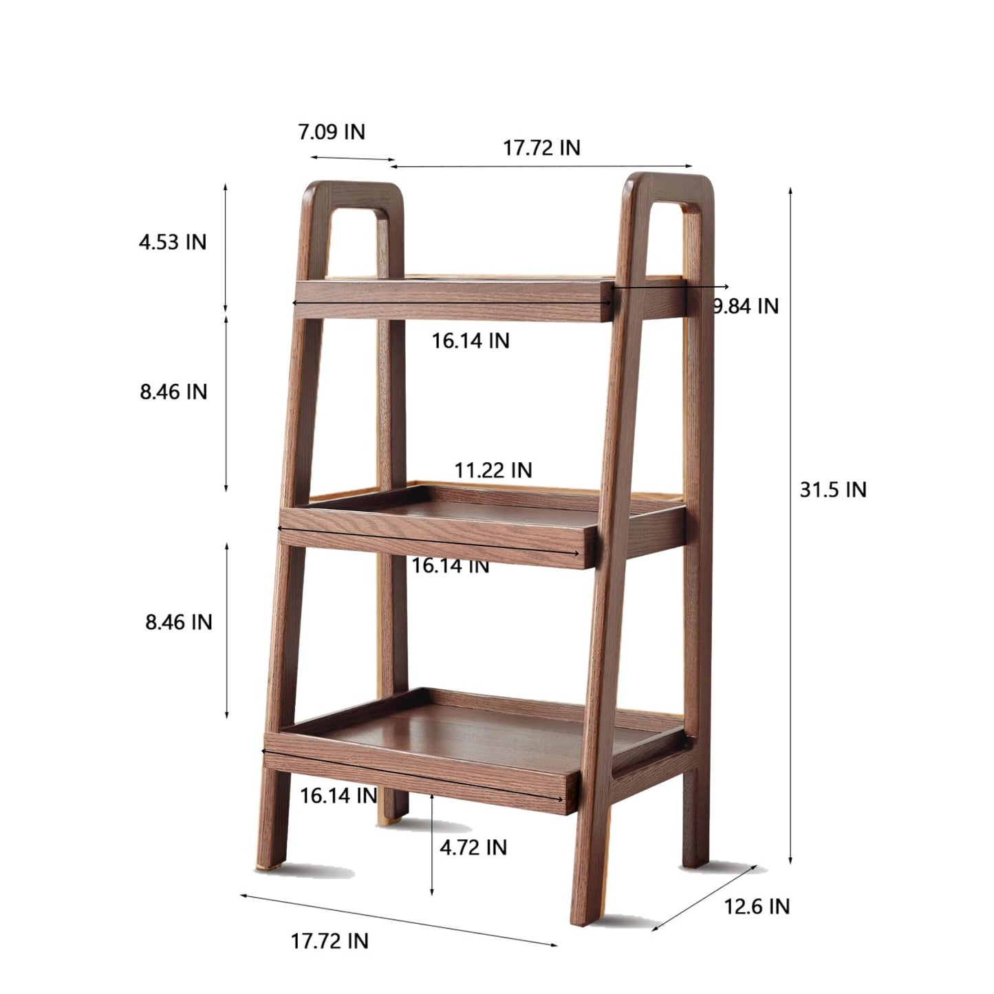 Grewood 100% Solid Wood 3-Tiers Ladder Shelf, Small Bookcase, Ladder Bookshelf, End/Side Table for Living Room, Display Storage Open Shelf for Bedroom Kitchen Bathroom (Walnut Color)