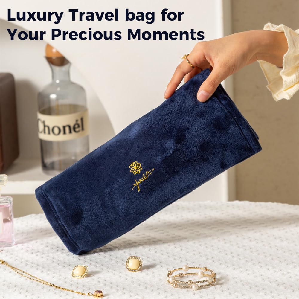 YQQZUM Travel jewelry organizer-Portable organizers and storage Soft Velvet travel case with Zippered, Compact Storage for Earrings, Rings, Necklaces, Studs, for Women(Blue, 18Pockets)