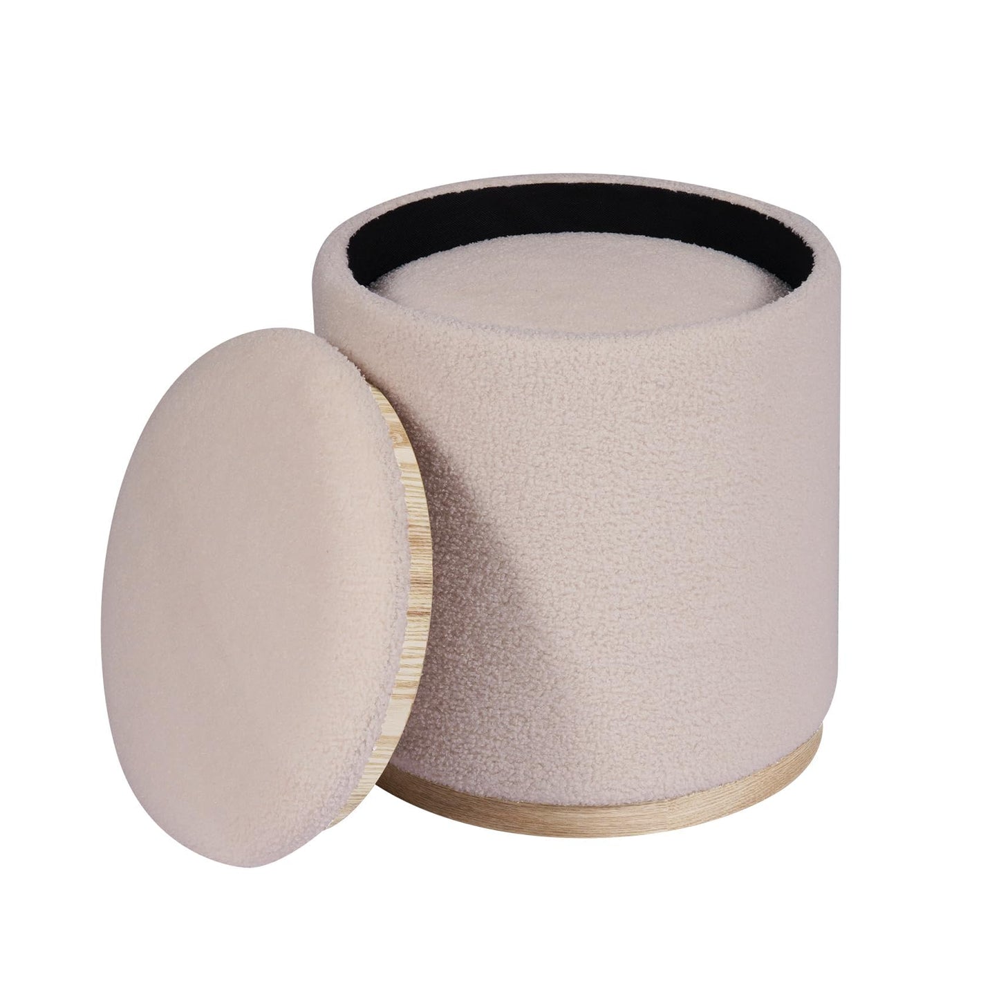 PINPLUS Round Ottoman with Storage Set of 2, Vanity Stool with Storage, Small Ottoman with Tray Teddy Velvet Foot Rest Stool for Bedroom, Living Room, Dorm (Beige)