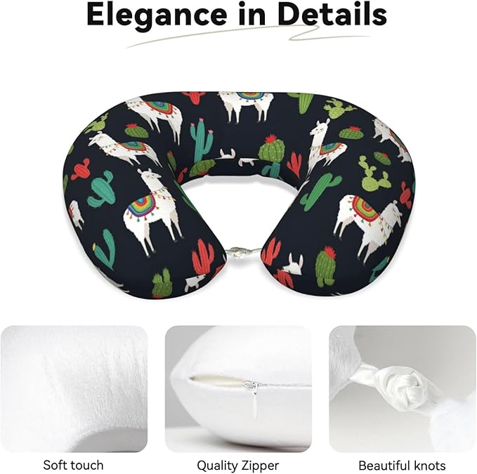 Travel Pillow Chin Neck Support, Comfortable Airplane Car Pillows for Rest, Memory Foam U Shaped Office Home Nap Sleeping Cushion Llama Alpaca Cactus