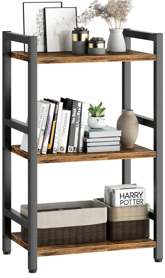RAGIFEN Book Shelf, 3 Tier Bookcase with Steel Frame, Stable Bookshelf Narrow Book Shelves Storage Organizer for Book CD Movie, Open Book Shelves for Living Room, Home Office, Study, Rustic Brown