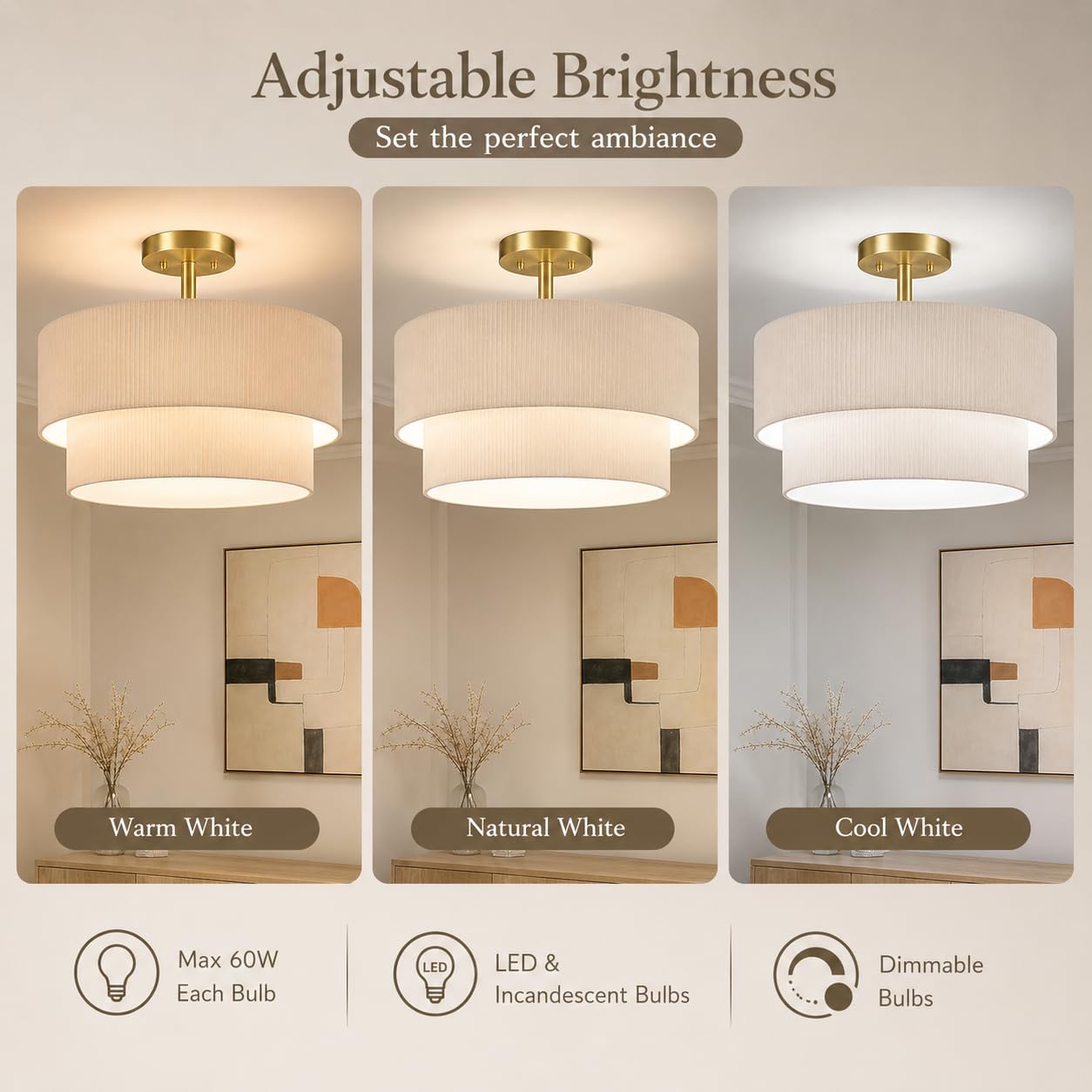 BoostArea 2-Tier Corduroy Semi Flush Mount Ceiling Light, 16.5'' Gold Drum Ceiling Fixture with Beige Fabric Shade, Soft Ambient Glow Close to Ceiling Lamp for Bedroom/Dining Room/Entryway/Low Ceiling