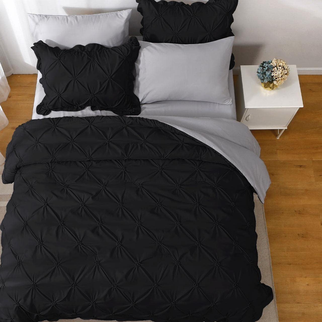 JOLLYVOGUE Queen Comforter Set 7 Pieces, Black/Gray Bedding Comforter Sets with Comforter, Sheets,Ruffled Shams & Pillowcases