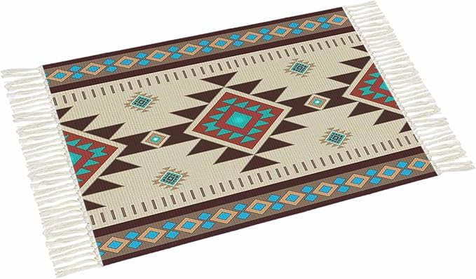 Boho Southwestern Large Runner Rug 4X6 Ft Living Room Area Rug, Washable Woven Aztec Abstract Geometric Throw Carpet with Tassel, Non-Shedding Vintage Native American Patterned Bedroom Office Carpets