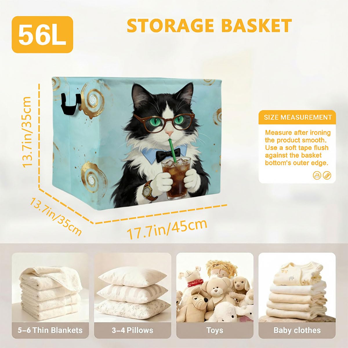 56L Cat Coffee Foldable Square Laundry Hamper with Handles – Large Clothes, Blanket & Toy Storage Basket for Home Organization.