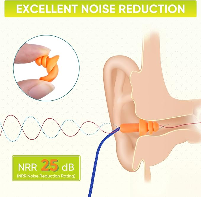 TICONN 12 Pairs Reusable Silicone Ear Plugs for Sleeping Noise Cancelling, 25dB NRR Corded Earplugs for Study Concentration Travel (12 Pairs)