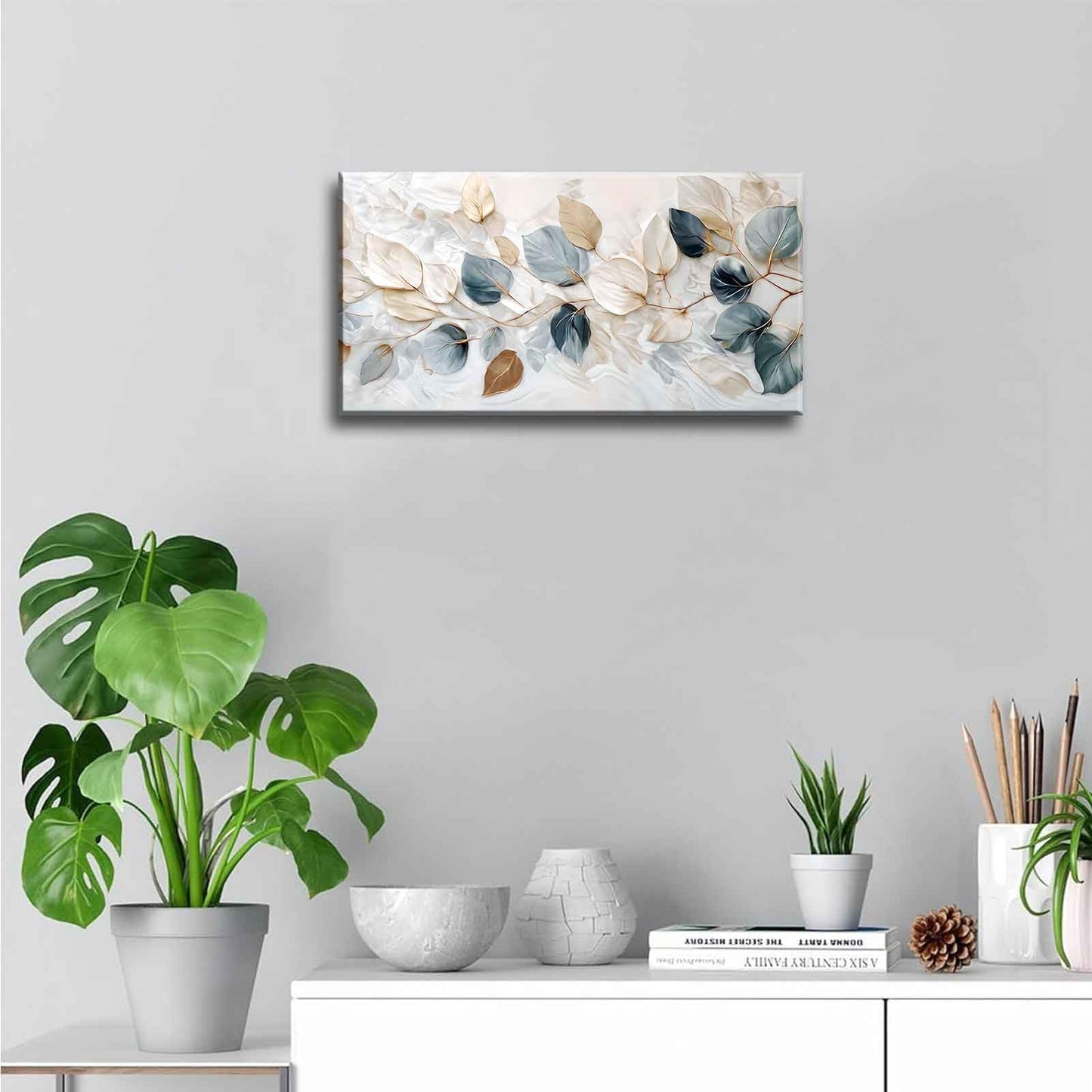 Large Living Eucalyptus Leaf Canvas Wall Art Teal White Botanical Abstract Decor painting Pictures Modern Nordic Plant Flowers Posters Prints for Bathroom Bedroom Office Hallway Home Decoration
