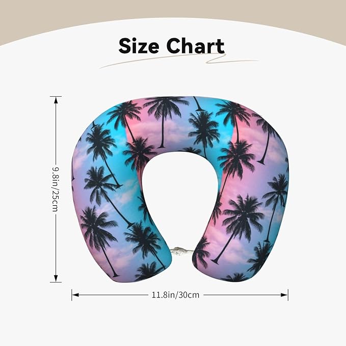 Travel Pillow Chin Neck Support, Comfortable Airplane Car Pillows for Rest, Memory Foam U Shaped Office Home Nap Sleeping Cushion Purple Sky Palm Trees