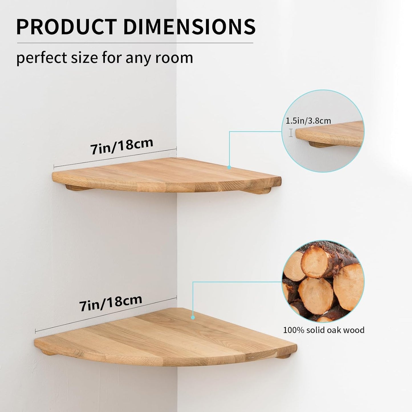Conamily Corner Shelves, Floating Corner Shelf, Set of 2 7inch Solid Oak Wood Wall Shelves, Round End Wall Mount with Wire Hole Shelving for Small Plant for Bedroom Kitchen, Living Room
