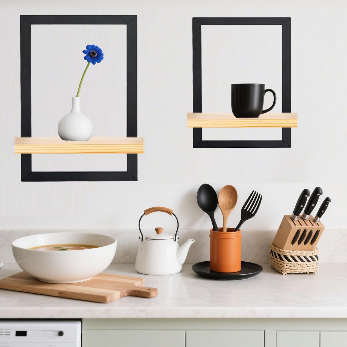 Silvotek Set of 3 Wooden Floating Shelves for Wall - Solid Wood Kitchen Shelf Decor Floating Wall Shelves for Living Room, Metal Frame Hanging Shelves