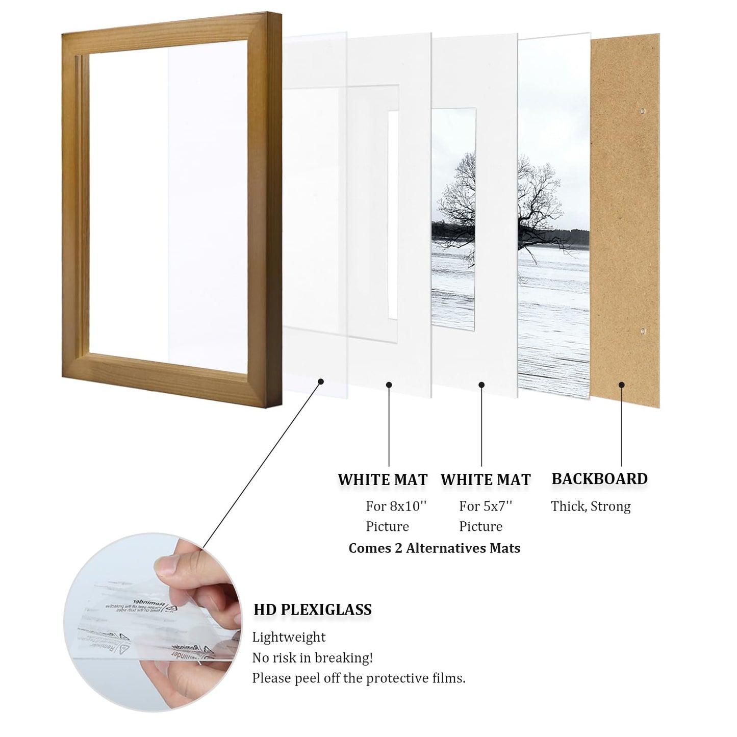 Egofine 11x14 Picture Frames 4 Pack Display Pictures 5x7/8x10 with Mat or 11x14 Without Mat Made of Solid Wood Covered by Plexiglass for Table Top Display and Wall Mounting Photo Frame, Light Brown
