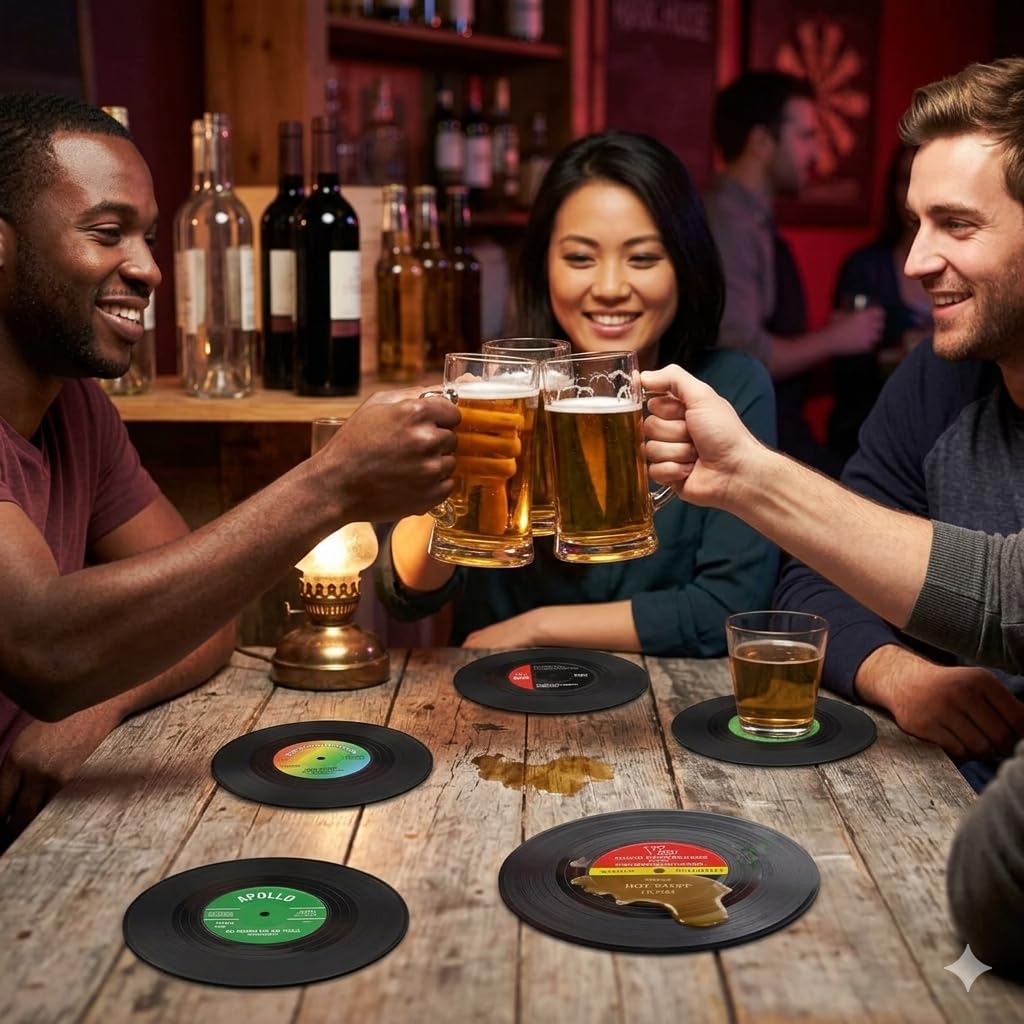 26 Pcs Retro Vinyl Record Coasters for Drinks, 4 Inch Record Player Coaster Set, Funny Music Lovers Gift for Home Bar Decor, Birthdays and Housewarming