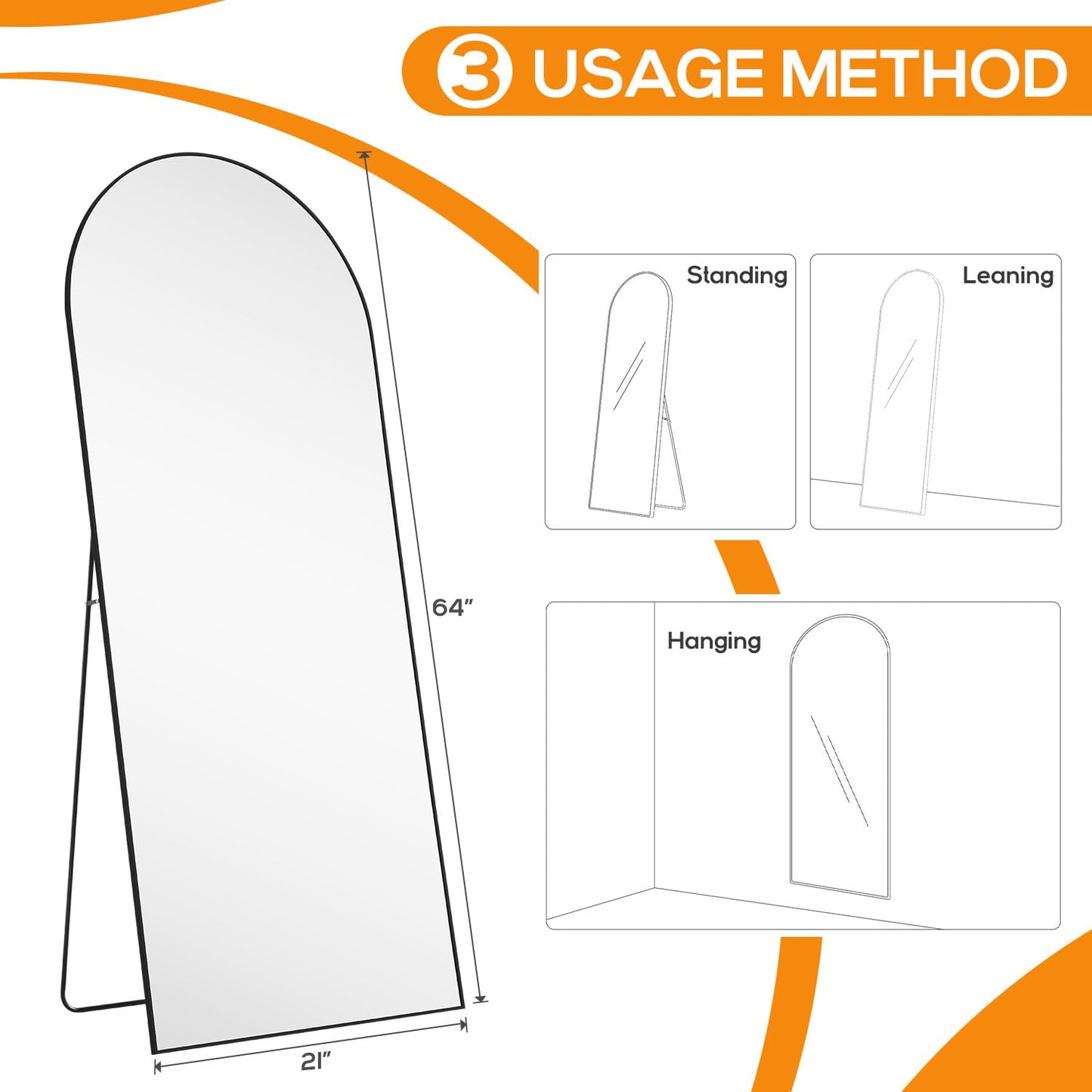 Aidoly Arched Mirror Full Length, Upgraded 21"x64" Body Wall Mirrors with Shatter-Proof Glass, Floor Standing, Hanging or Leaning, Large Tall Arch Mirror with Stand Aluminum Alloy Frame