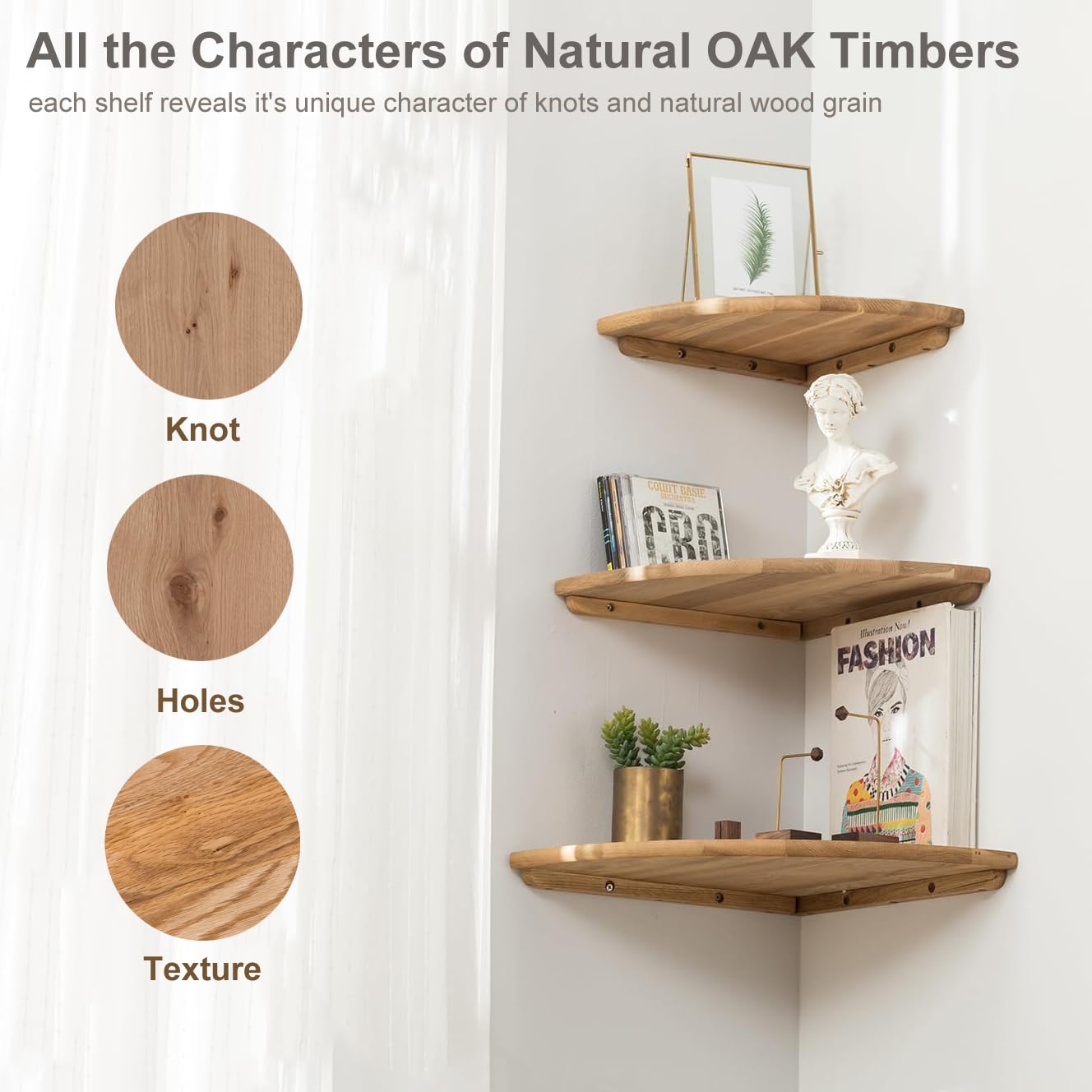 Conamily Corner Shelves, Floating Corner Shelf, Set of 2 7inch Solid Oak Wood Wall Shelves, Round End Wall Mount with Wire Hole Shelving for Small Plant for Bedroom Kitchen, Living Room