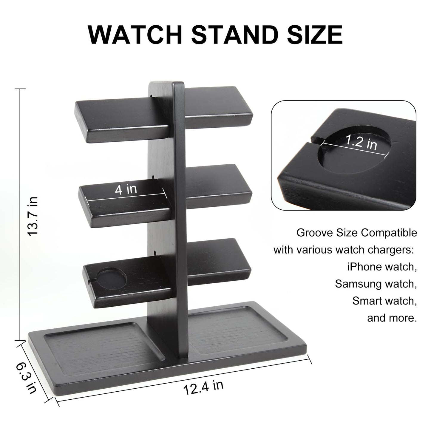 Xnwouco Watch Stand for Men, Watch Display Stand with Charger Groove, Wooden Watch Holder Stand, Jewelry Holder Organizer for Rings, Jewelry, Coins Bracelets, Great Gifts for Men Women, Black