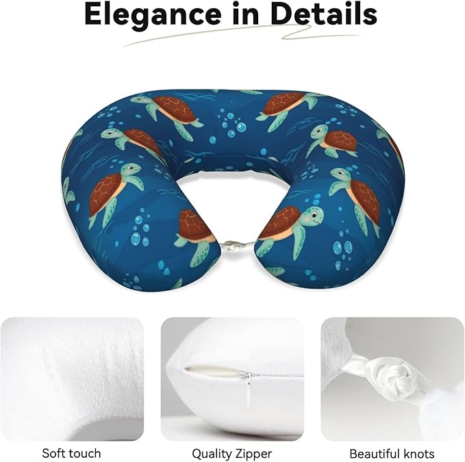 Neck Travel Pillow, Breathable Memory Foam Chin & Head Support Cushion Teal Sea Turtles for Airplane Car Sleeping Rest