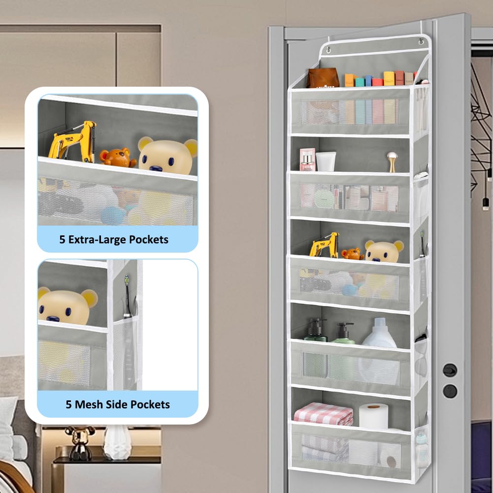 GINOYA Over The Door Storage Organizer with 5 Extra Large Pockets & Side Mesh Pouches, Hanging Closet Door Organizer for Bedroom, Baby Nursery Storage, Anti-Tilt Design, Fits 1.6" Doors-Gray