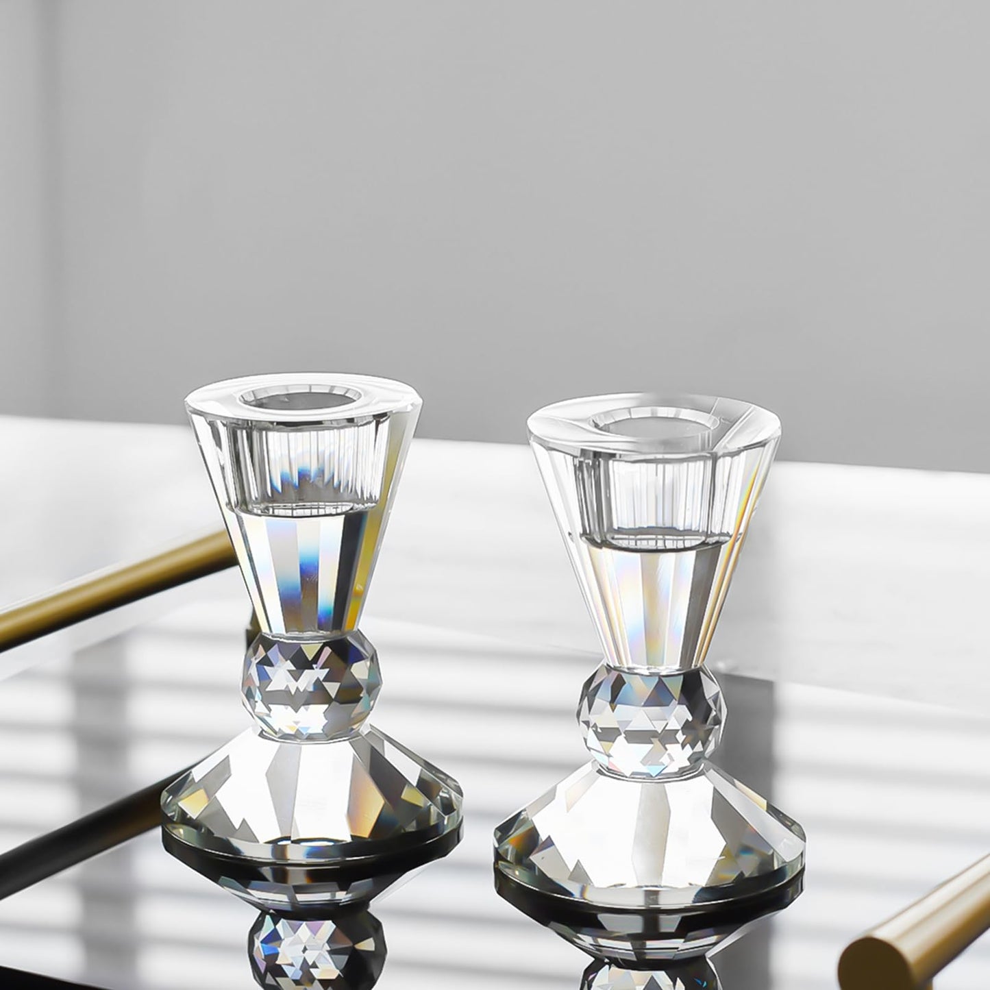 Crystal Candle Holders Set of 2,Pillar Candlestick Holders, Ultra Elegant & Modern Centerpiece Home Décor,Wedding