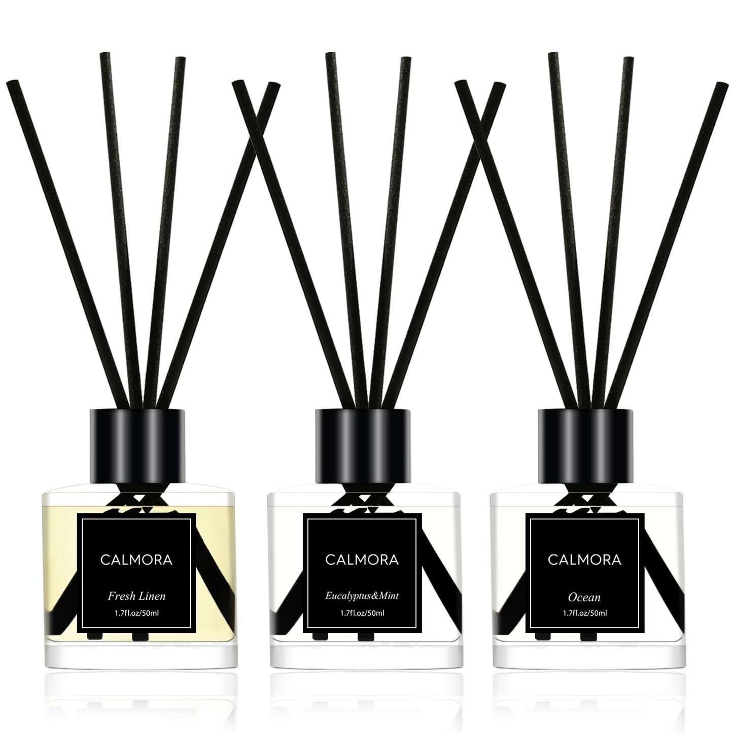CALMORA Reed Diffuser Set of 3, 50ml Fresh Linen/Eucalyptus & Mint/Ocean Scented Oil Diffuser with 15 Sticks | Home Fragrance for Bedroom, Bathroom, Office & Living Room