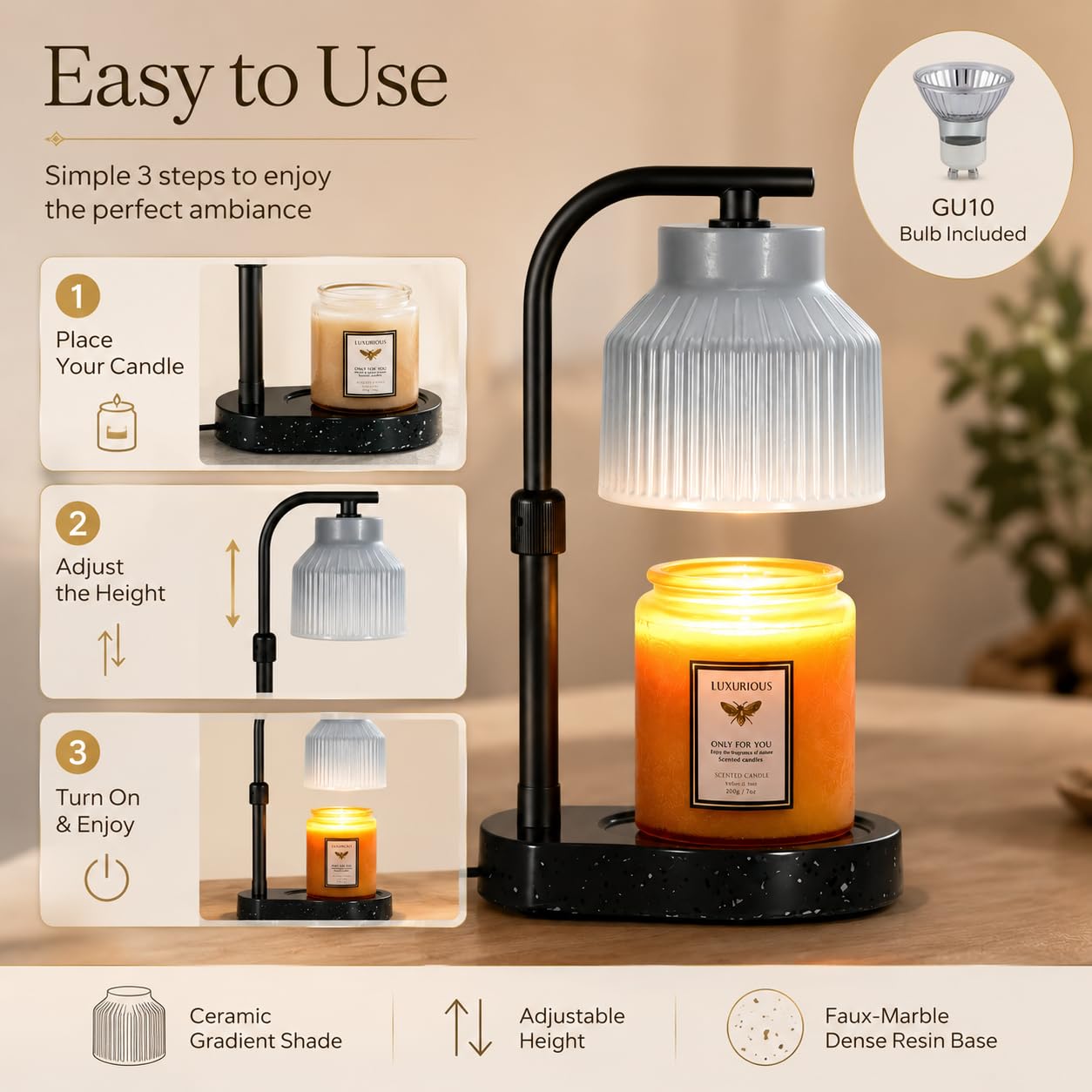 nawaza Ceramic Candle Warmer Lamp Electric Marble Textured Base Adjustable Height Wax Melt Warmer for Jar Scented Candles Birthday Gifts for Women Mom Grandma Home Offices Decor(Grey White)