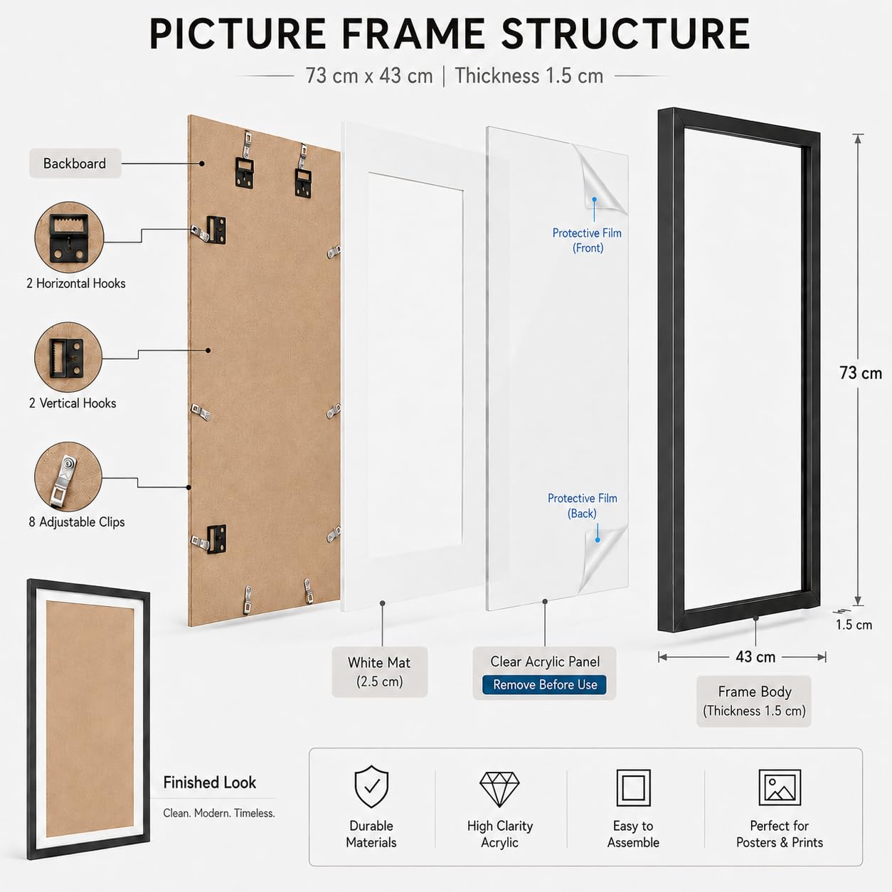 ARTGOTO 15.7x27.5inch/40x70cm Large Diamond Art Painting/Paint by Numbers MDF Picture Frames,Display 35x65cm with Mat or 40x70cm Without,Horizontal & Vertical Wall Hanging for Puzzles,Photos,Posters