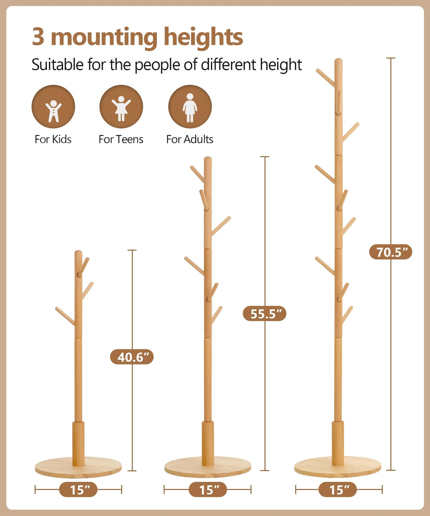 Cozivolife Standing Coat Rack,Wooden Coat Rack Stand with 9 Hooks and 3 Height Adjustable,Beech Wood Tree Coat for Bedroom,Office,Entryway (Bamboo)