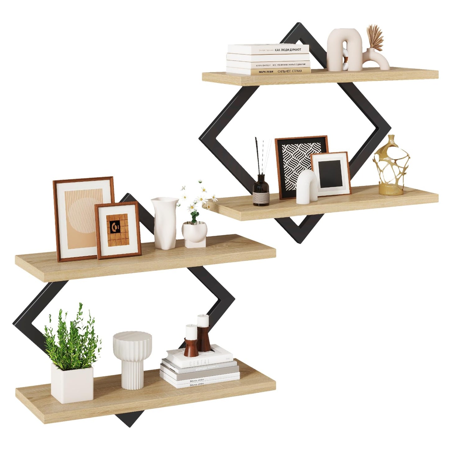 IBUYKE Floating Shelves,15 Inch Wall Shelf Set of 2,Wall Mounted Shelves,2 Tier Hanging Decorative Storage Shelf for Living Room, Bedroom, Bathroom, Kitchen TFS003R-2