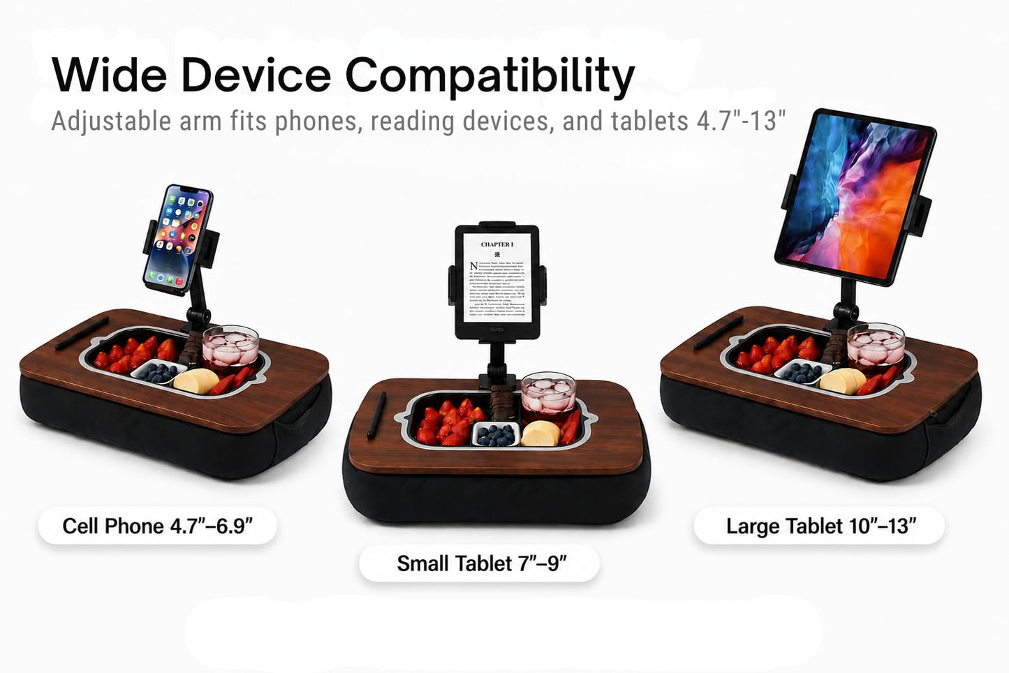 KAMRIKON Pillow Lap Desks for Adults, Adjustable Tablet Holder Fits 4.7-13 Inch Devices, Silicone Snack Tray, Spill-Resistant Lid, Stylus and Bag Included