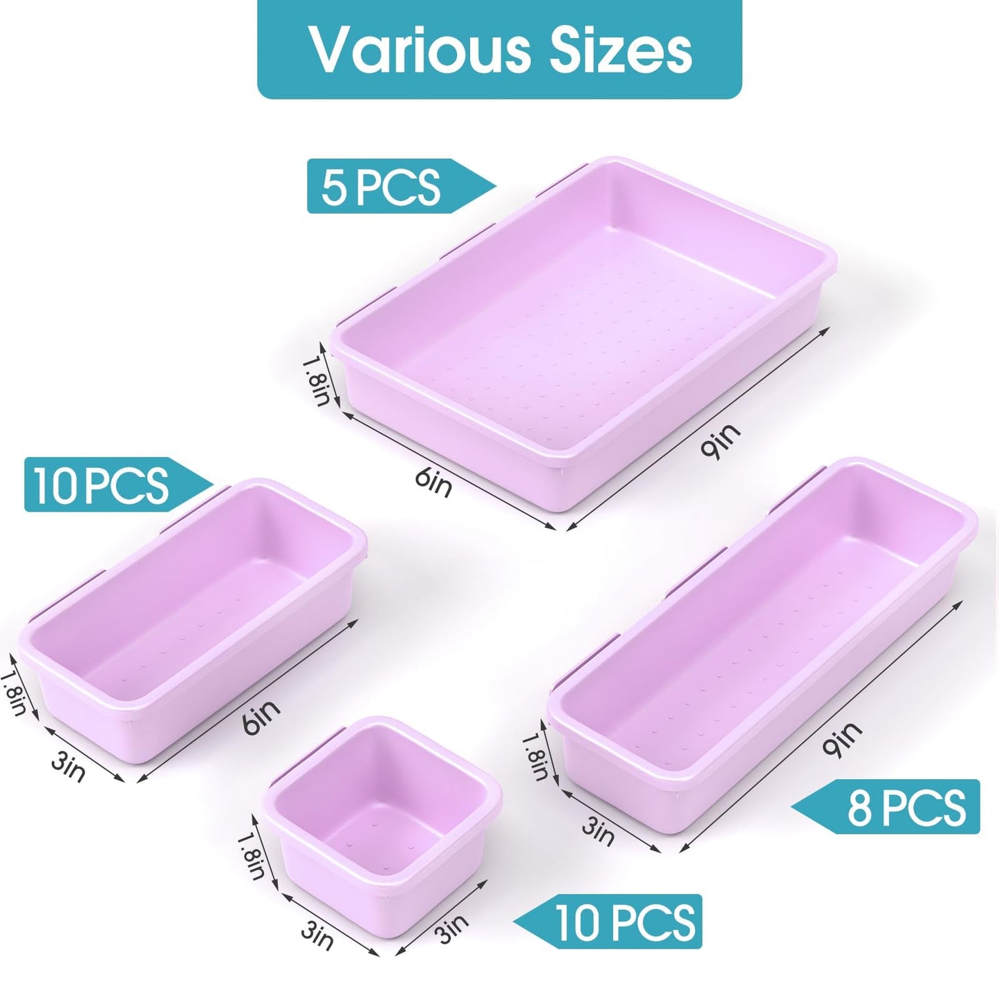 33 PCS Drawer Organizer Set, 4 Size Makeup Drawer Divider Organizer With Non-Slip Pads, Interlocking Plastic Storage Bins for Office,Jewelry Vanity,Gadgets, Bathroom,Kitchen, Purple