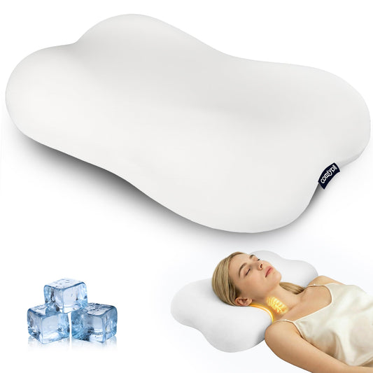 COMFYPIL Cervical Pillow for Neck Pain Relief, Ergonomic Contour Memory Foam Pillow for Side Back Stomach Sleepers, Deep Sleep Pillow for Cloud-Soft Shoulder Support with Cooling Pillowcase, White