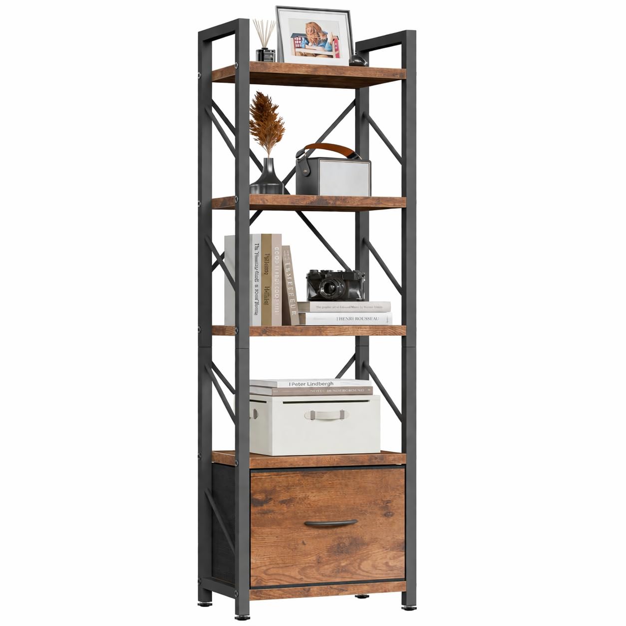 Shintenchi Bookshelf, 5 Tier Bookcase with Drawer, Modern Tall Bookshelves Storage Organizer, Industrial Book Shelves for Bedroom, Living Room, Office, Rustic Brown