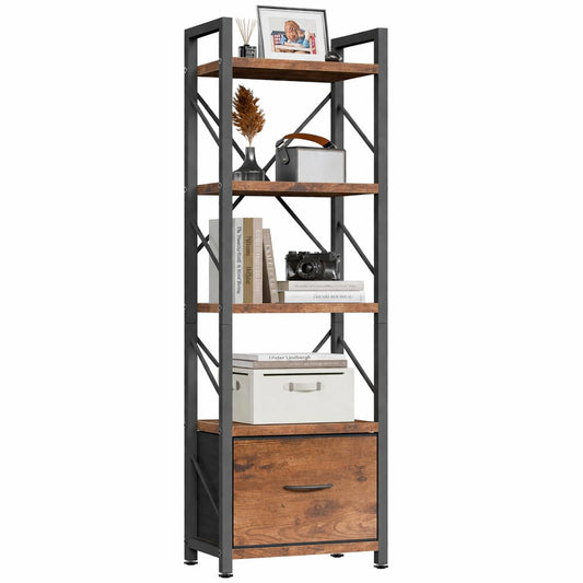 Shintenchi Bookshelf, 5 Tier Bookcase with Drawer, Modern Tall Bookshelves Storage Organizer, Industrial Book Shelves for Bedroom, Living Room, Office, Rustic Brown
