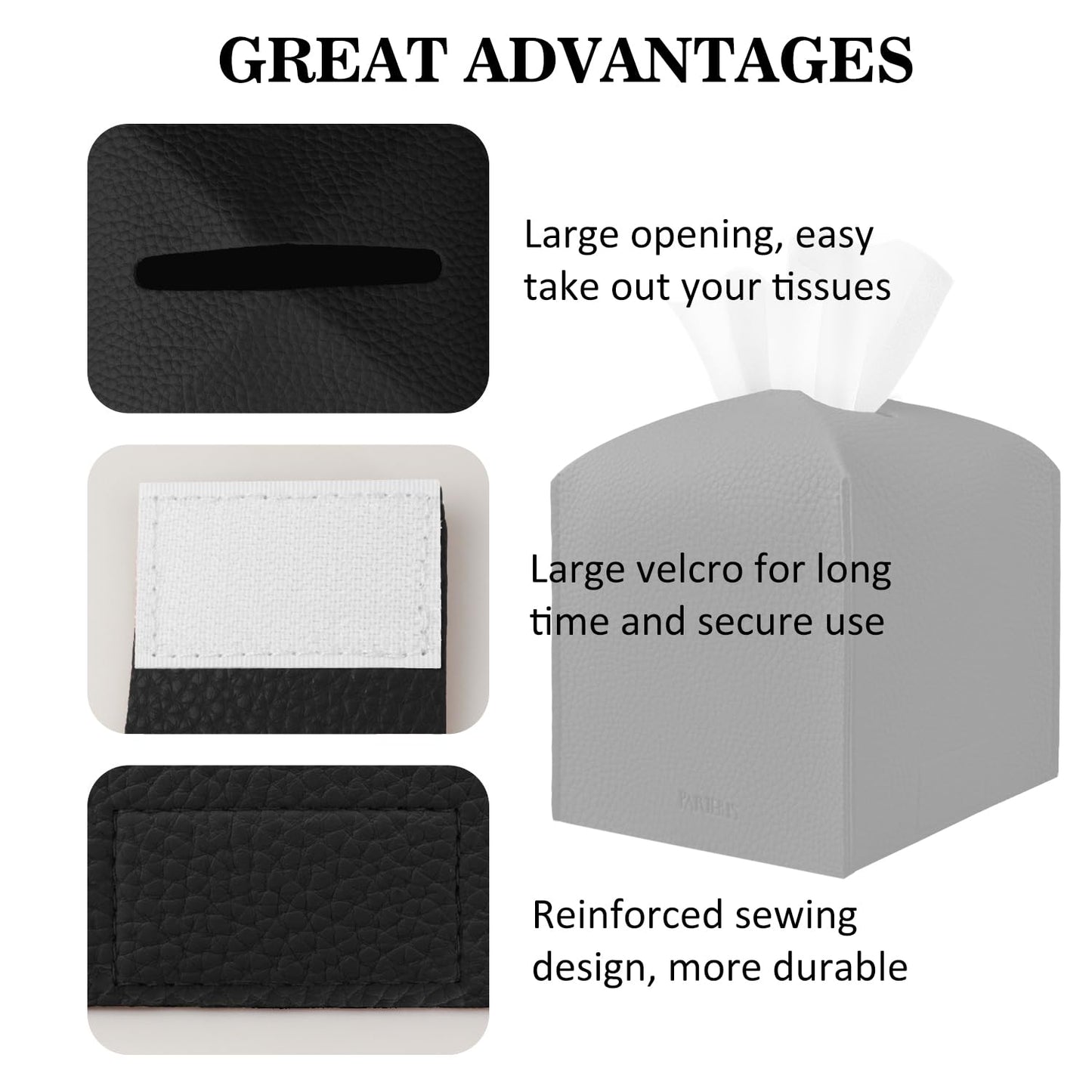 PARIERIS Tissue Box Cover Holder Square Tissue Cube Cover PU Leather Tissue Organizer with Bottom Belt for Bathroom, Tabletop, Car, Night Stands, Office, Home, Kitchen (2, Black)
