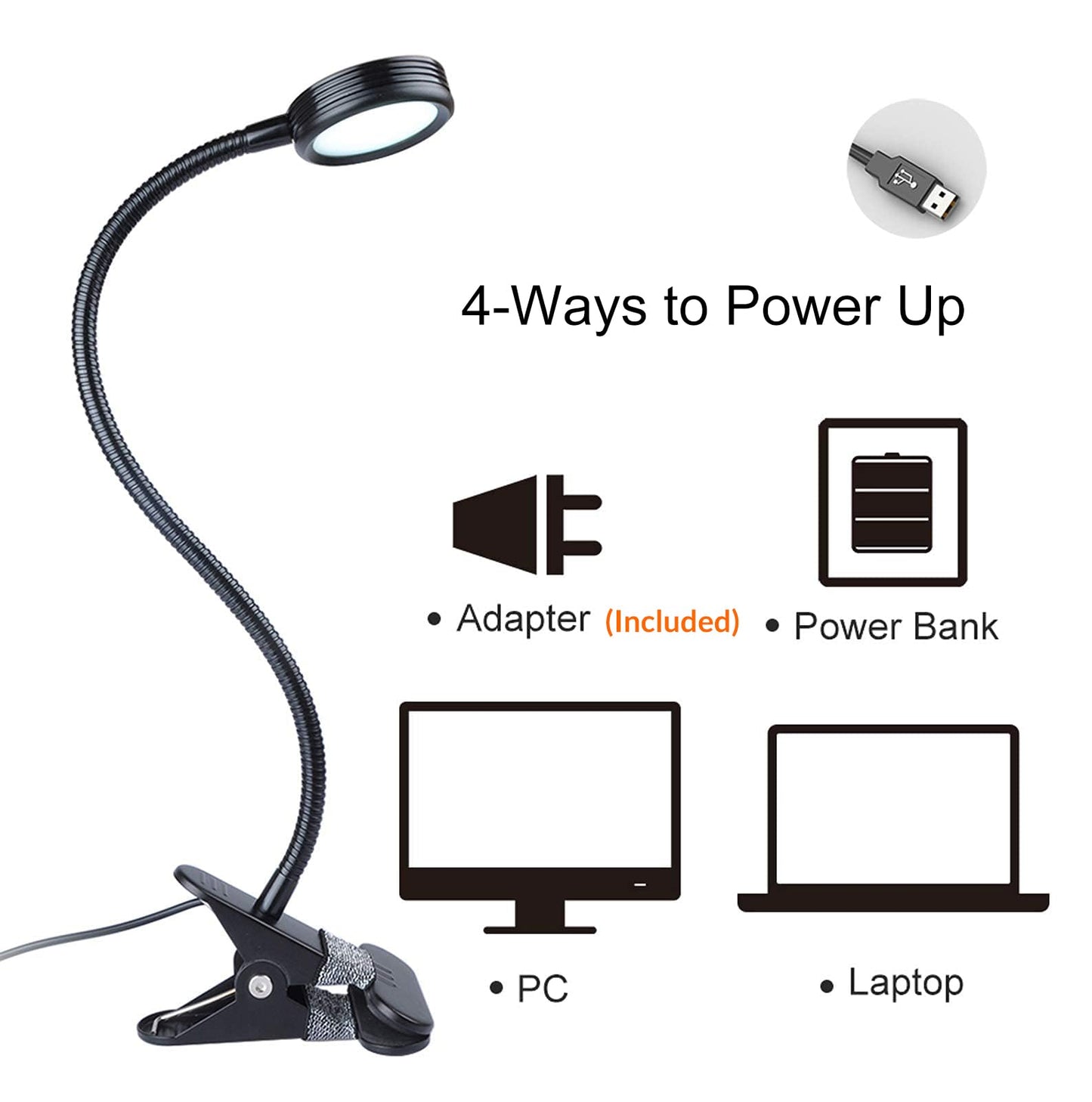 LEPOWER Clip on Light/Reading Lights/Book Light/Desk Lamp Color Changeable/Night Lights Clip on for Desk, Bed Headboard and Computers, Adapter Included (Black) Metal