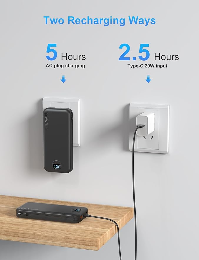 Portable Charger with Wall Plug, 12000mAh USB C Power Bank Fast Charging, External Battery Pack with Built in Cables, Digital Display, 5 Output 4 Input for iPhone Android Cell Phone Tablet