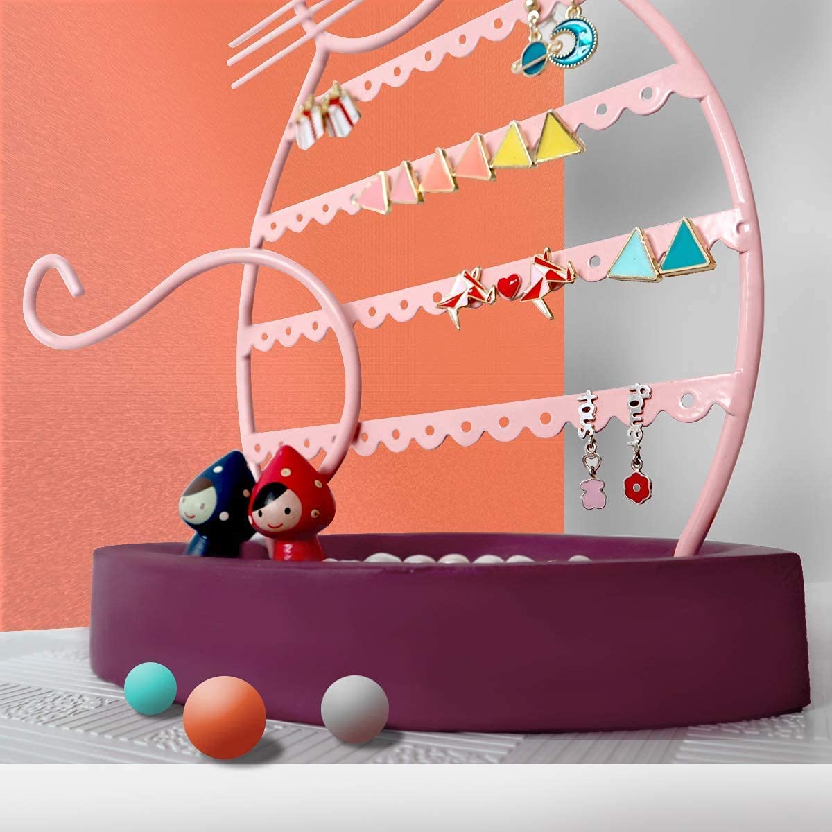 ERYTLLY Earring Holder Organizer, Cat Shaped Earring Organizer Stand With Wood Base Necklace Holder Organizer-47 Stud Earrings Holes Bracelet Holder (Pastel Pink)