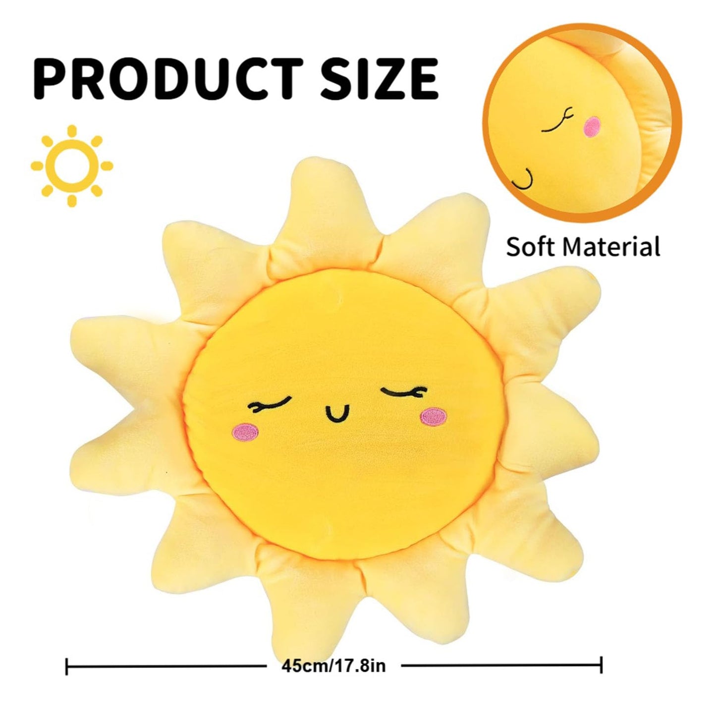 Lioong 17.8Inch Cute Sun Shaped Pillow Sofa Cushion Car Throw Pillows Floor Pillow for Kids Girls Women Home Decor,Yellow