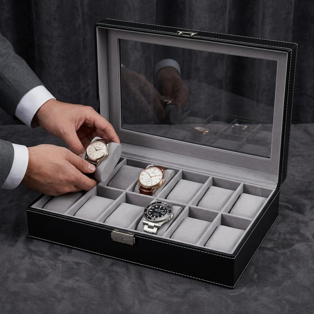 Watch Case Watch Box for Men - Watch Cases Display Holder Organizer Stand Storage Multi Boxes 12 Slot Small Leather Personalized Multiple Watch Safe Container with Lock for Women,PU Watch Holders