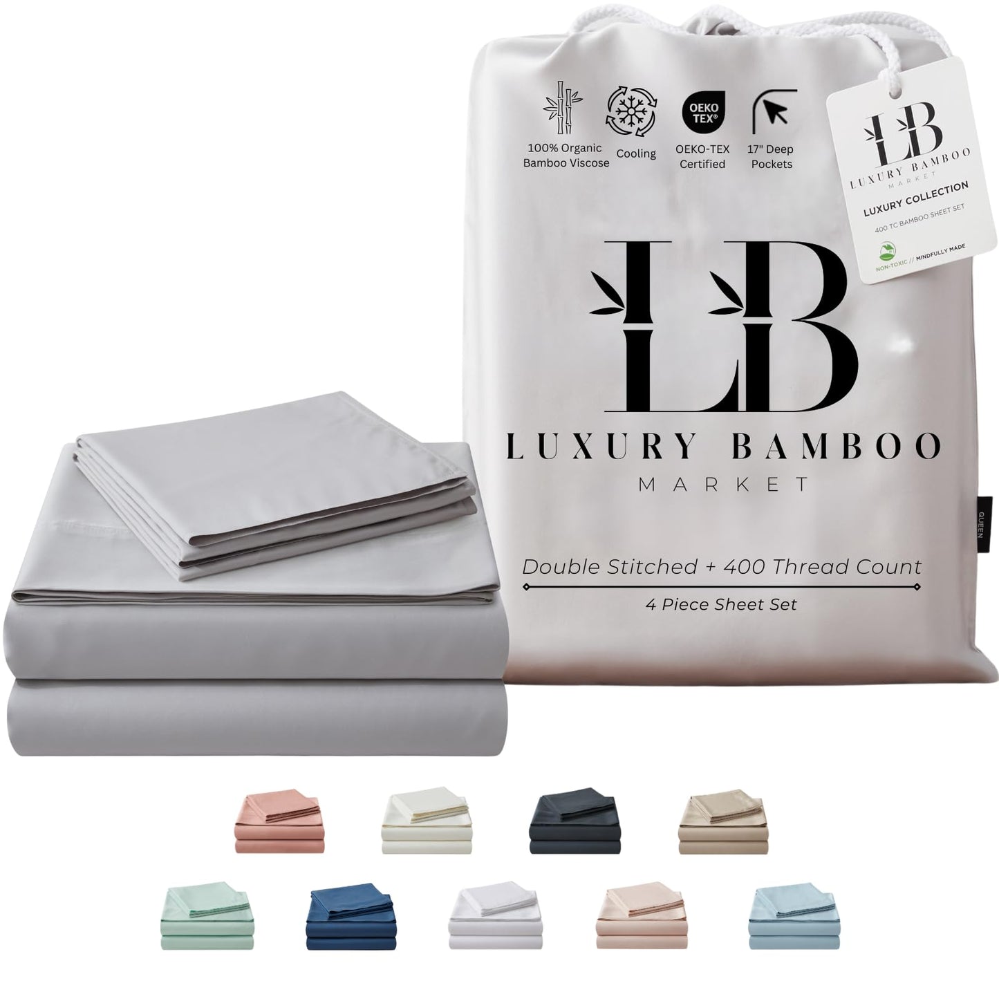 Luxury Bamboo Market | King Size Bed Sheet Set | 100% Viscose Made from Bamboo | Organically Grown | Ultra Soft | Cooling Sheets for Hot Sleepers | 17" Deep Pocket [Dove Grey]