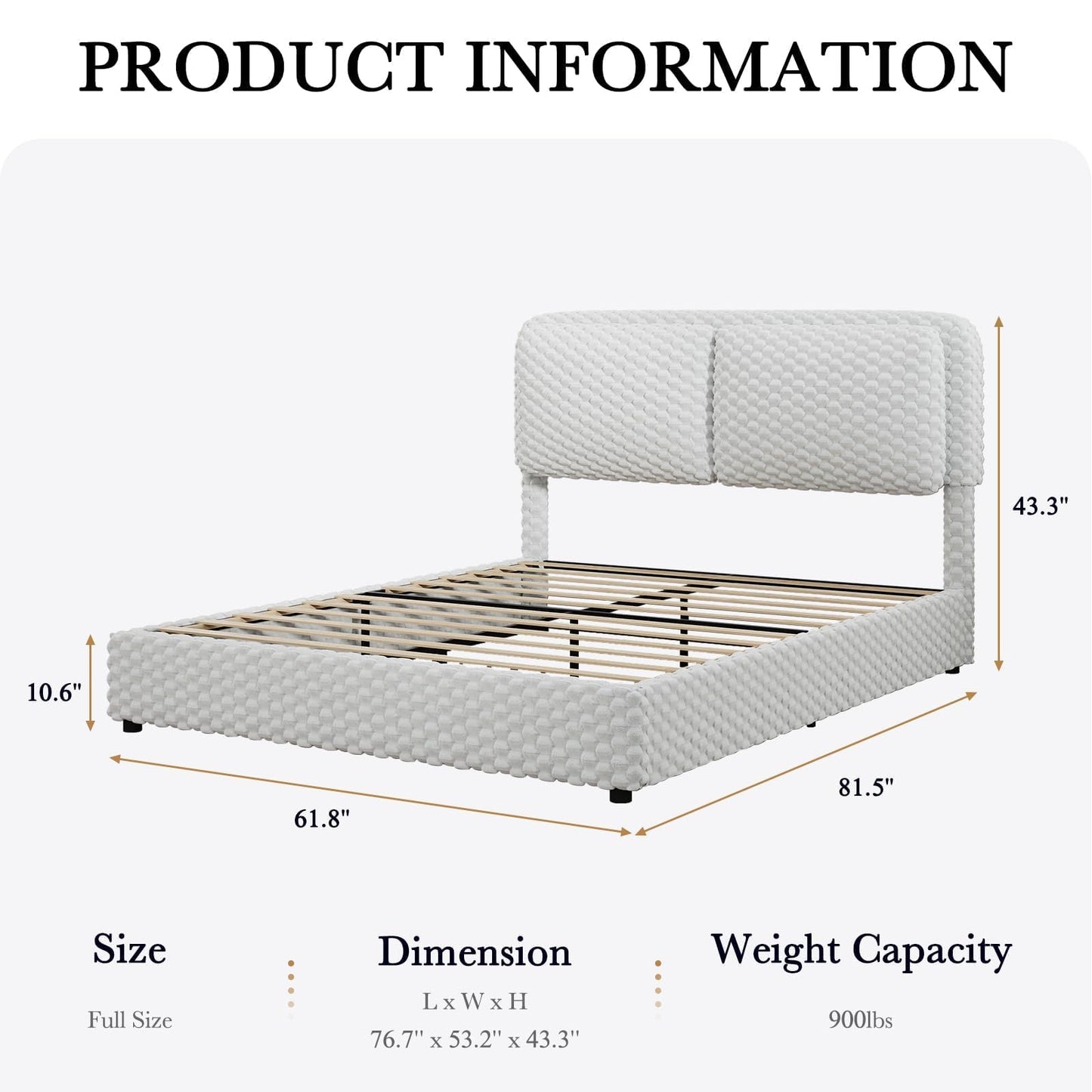 REVOMINCA Full Size Bed Frame with Headboard, Corduroy Upholstered Bed Frame, Wooden Slats Support, No Box Spring Needed, Easy Assembly, White