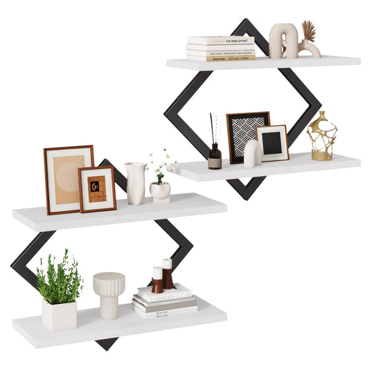 IBUYKE Floating Shelves,15 Inch Wall Shelf Set of 2,Wall Mounted Shelves,2 Tier Hanging Decorative Storage Shelf for Living Room, Bedroom, Bathroom, Kitchen TFS003W-2