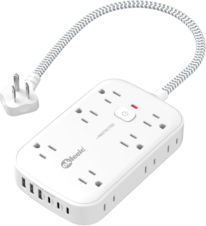 Flat Outlet Extender with 12 Inch Cord, Surge Protector Flat Plug Extension Outlet Splitter Adapter, 12 AC 6 USB(3 USB C) with Electrical 3 Way Multi Wall Plug Extender for Travel Dorm Room Essentials