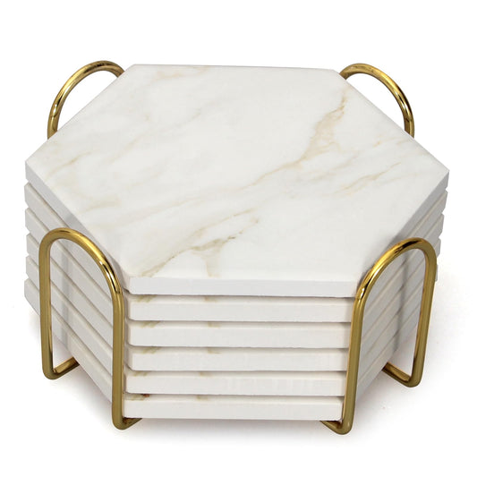 Dksyee 6Pcs White Marble Coaster Set with Holder Hexagon Ceramic Coasters Absorbent Coasters Drink Coasters Set for Coffee Table Bar Coasters Wine Coasters Modern Coasters Beer Coasters Cup Coasters