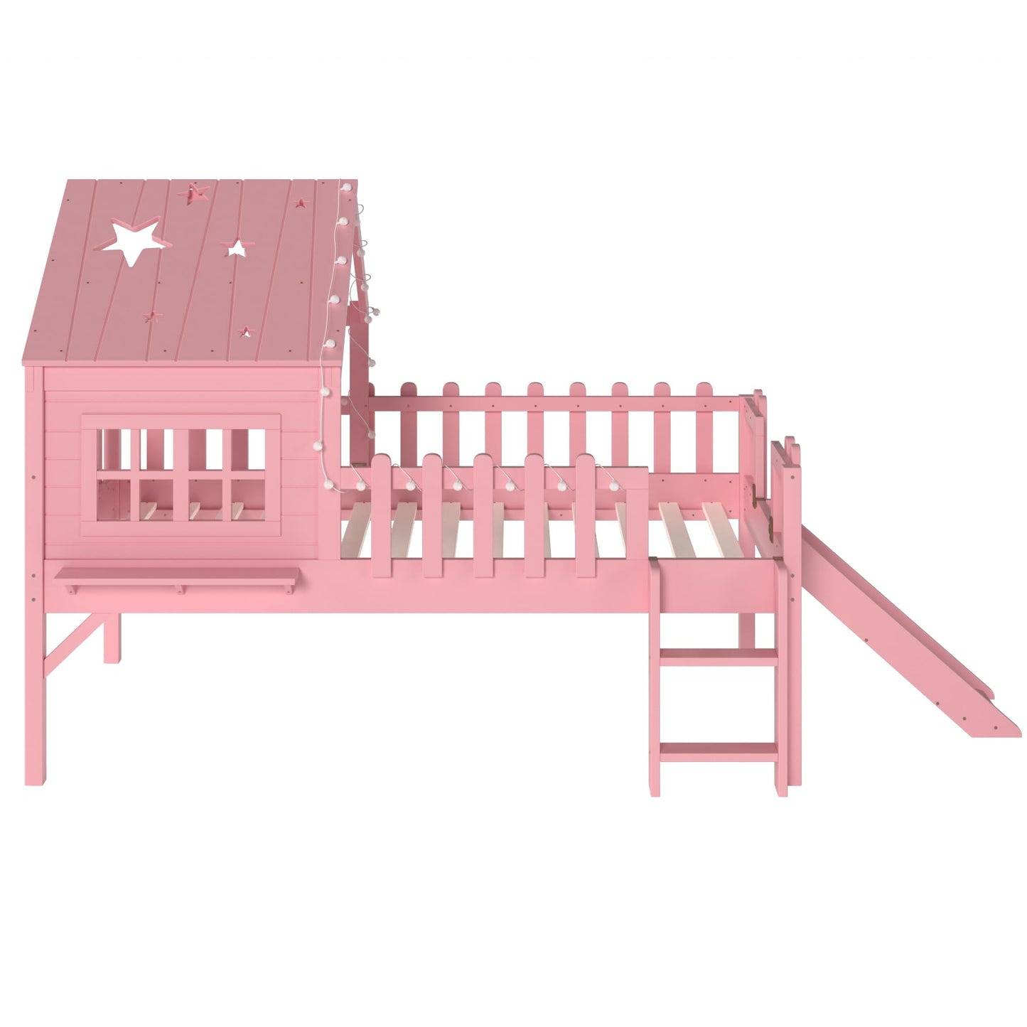 Bellemave Twin Loft Bed with Slide and Ladders, Solid Wood Low Loft Bed with Tray, Lights, Playhouse Roof, House Loftbed Frame for Kids, Boys, Girls, Childlike and No Box Spring Needed Design, Pink
