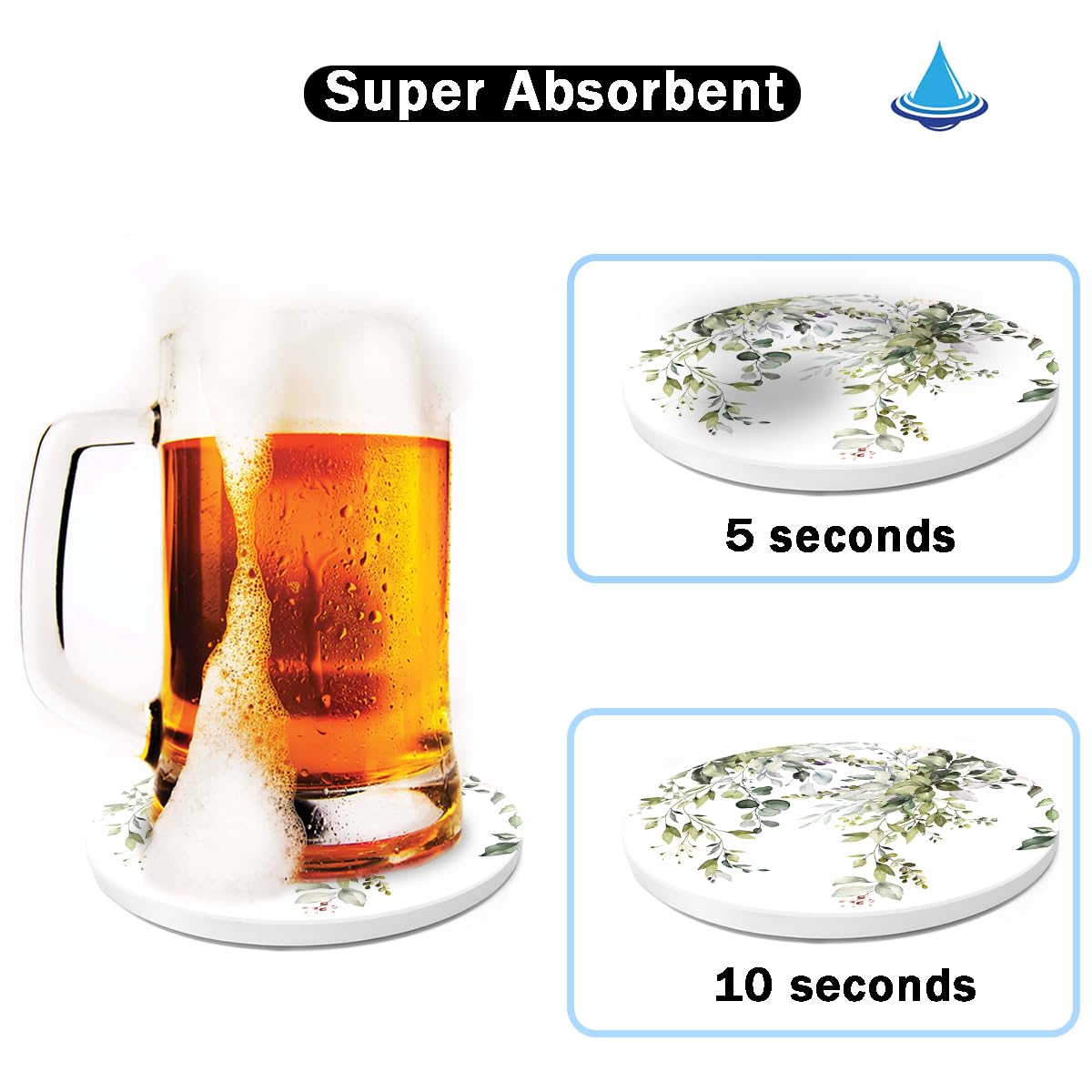 HOPONY Coasters for Drinks,6 Pieces Ceramic Stone Coaster Set with Metal Holder Stand, Cork Base,Absorbent Cups Place Mats for Home Decor Abstract Plants