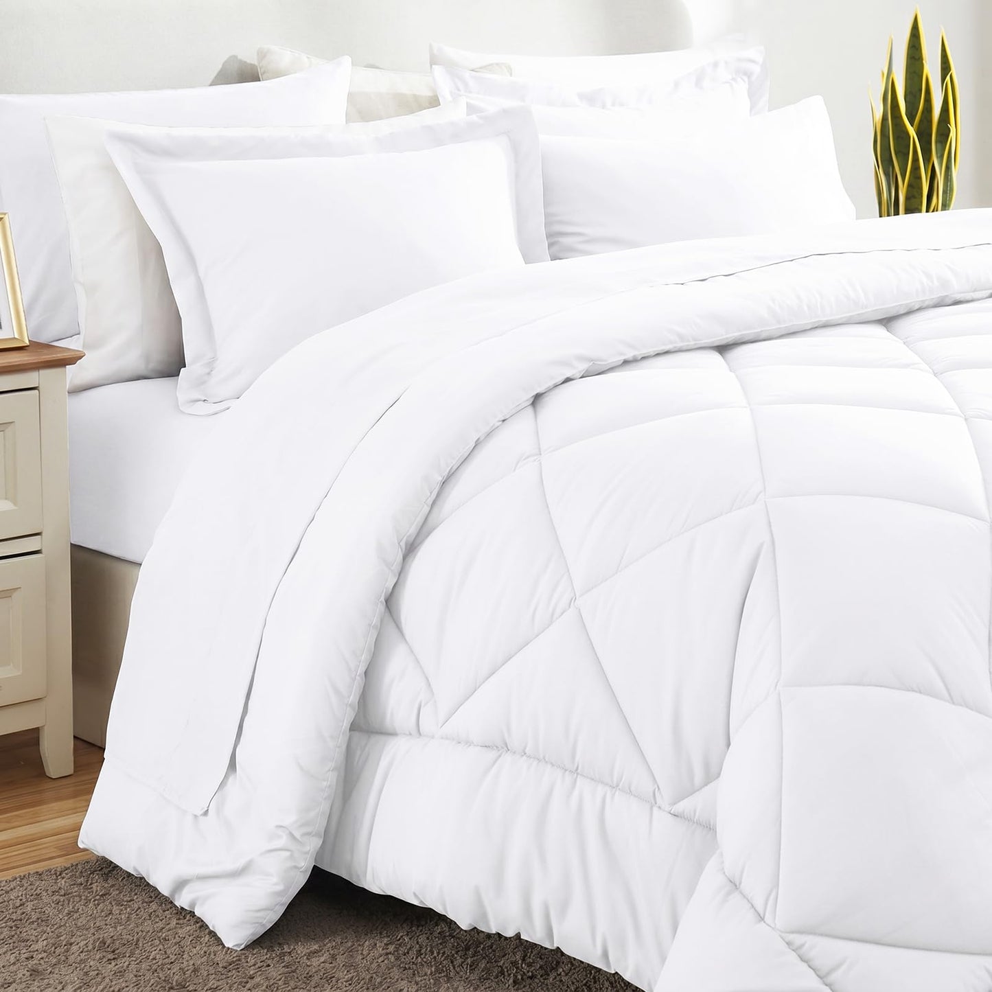 CozyLux Queen Comforter Set White - Bed in a Bag Queen Size 7 Pieces, Luxury Soft Bed Set for All Seasons, Bedding Set with Down Alternative Comforter, Sheets, Pillowcases & Shams